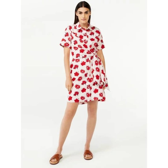 Free Assembly Dresses & Skirts - [SOLD] Floral Wrap Shirt Dress Womens XS White Red